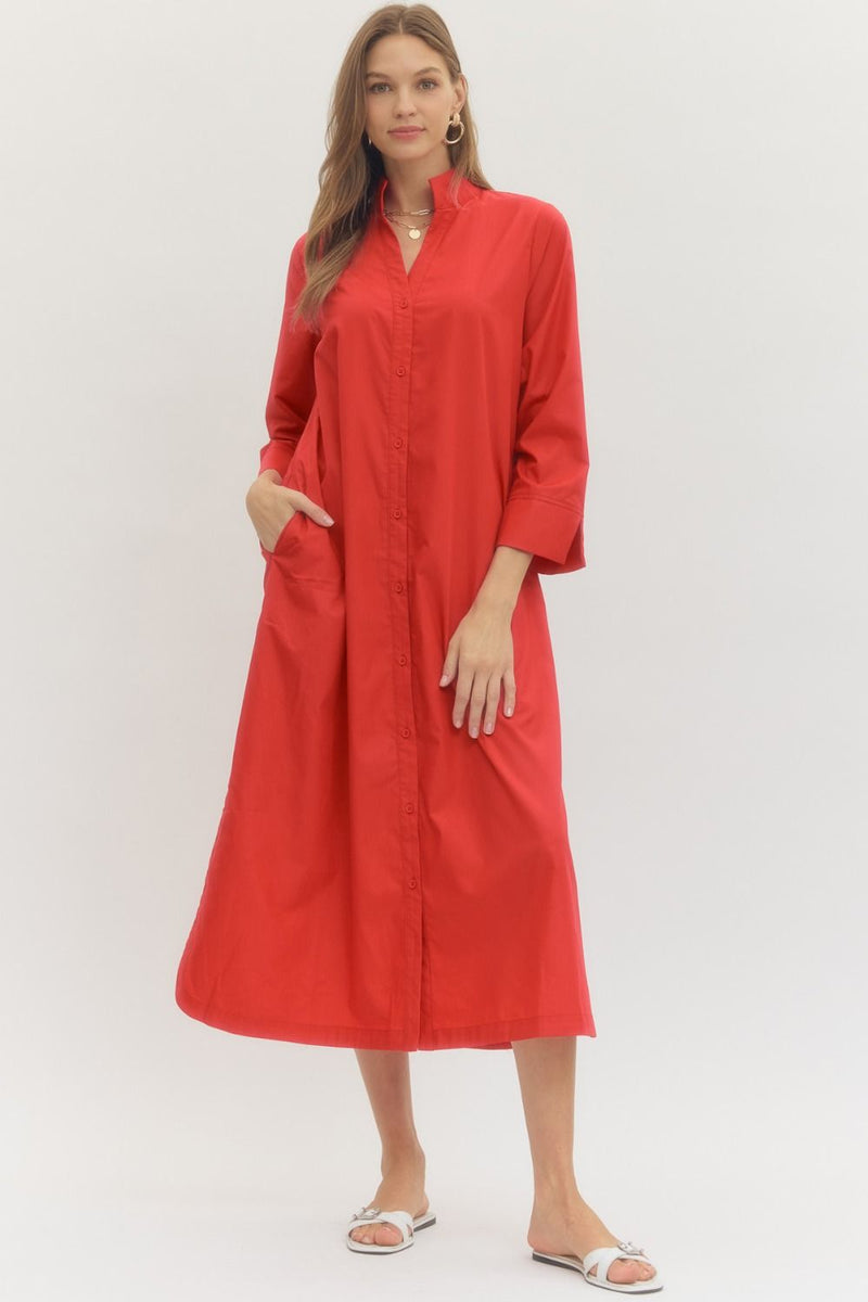 Red Midi Shirt Dress Red Midi Shirt Dress