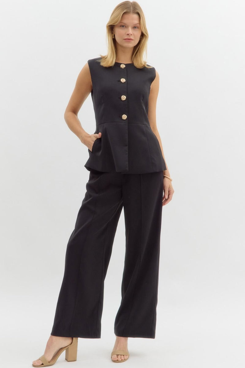 Black Knit V-Neck Vest With Gold Buttons