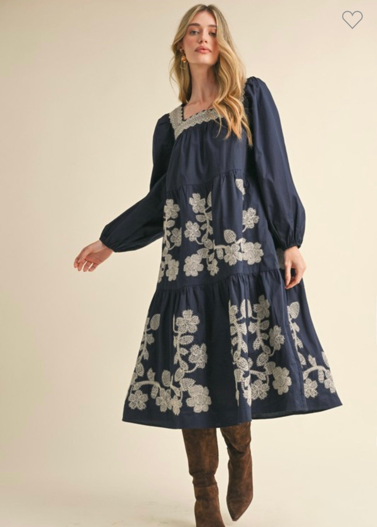 Navy Embroidered Midi Dress