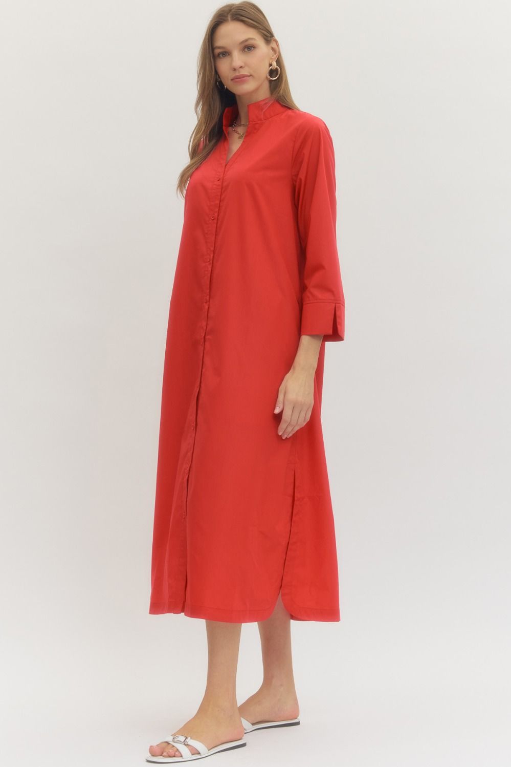Red Midi Shirt Dress Red Midi Shirt Dress