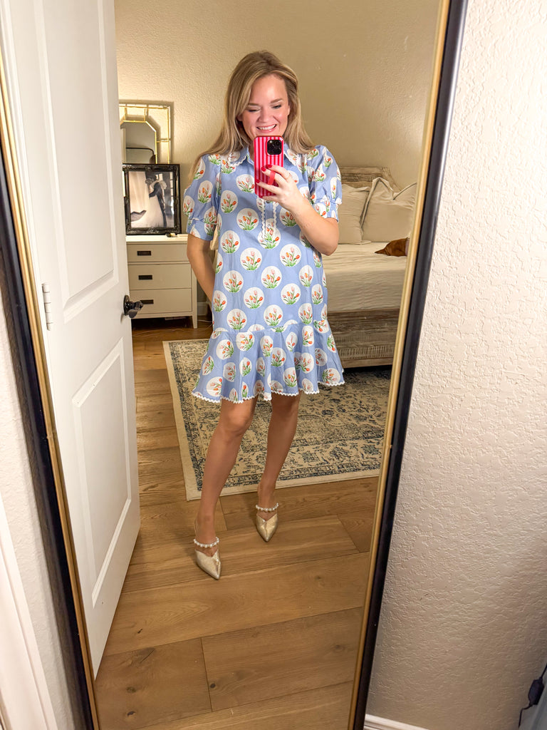 blue tulip dress Blue Summer Wedding Edit Size (FR):44 belt Premium printed silk Blue V-Neck Lace Long