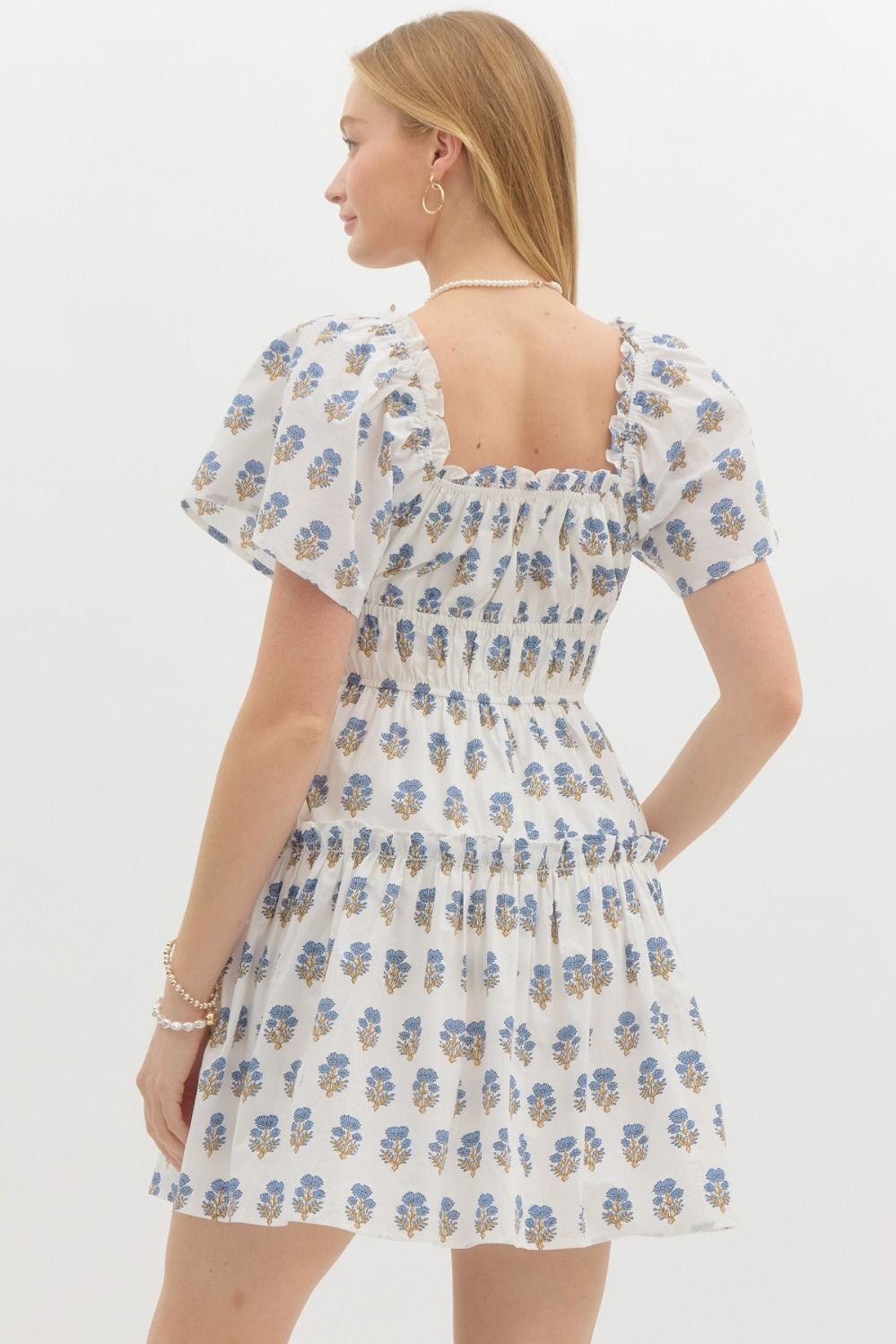 blue and white peasant dress Time and Tru Women's Smocked Cotton Peasant Dress with Short Sleeves, Sizes XS-XXXL